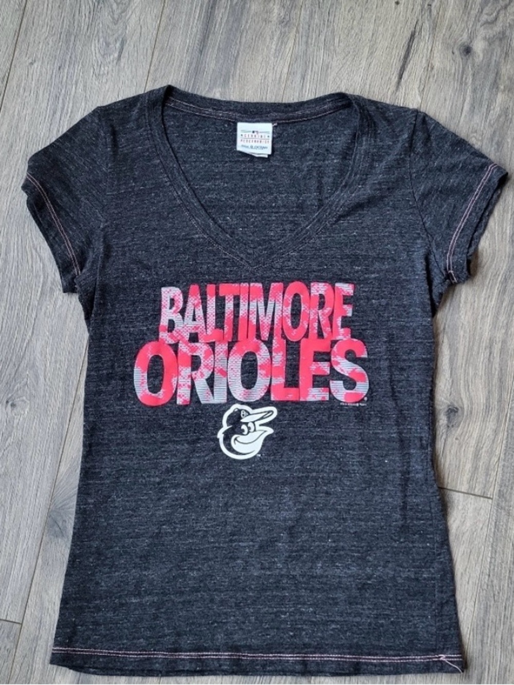 5th & Ocean Black V‑Neck Baltimore Orioles Tee with Pink Graphic